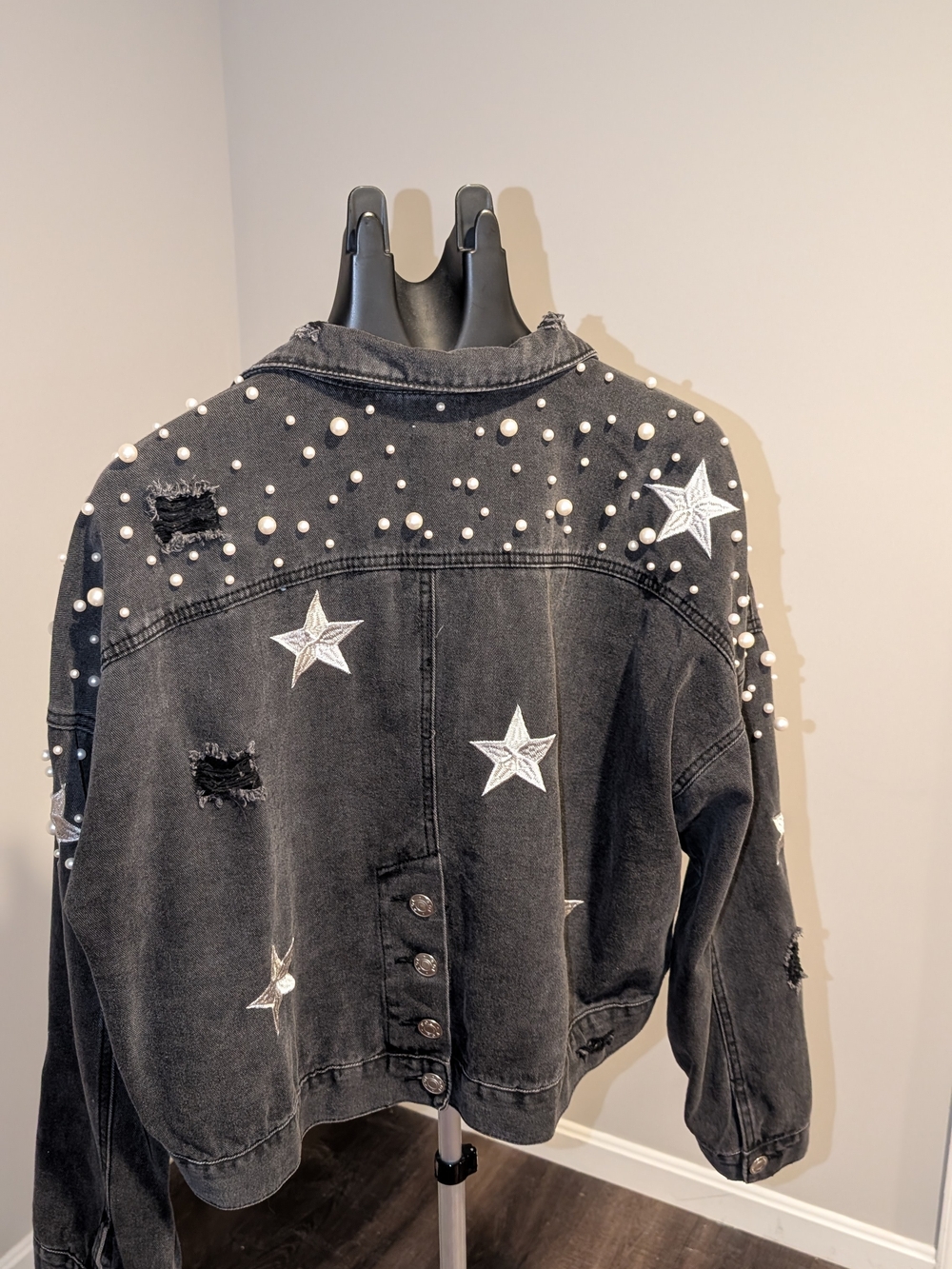 POL Black Denim Jacket with Pearl Studs & Star Appliqués - Picture 3 of 6